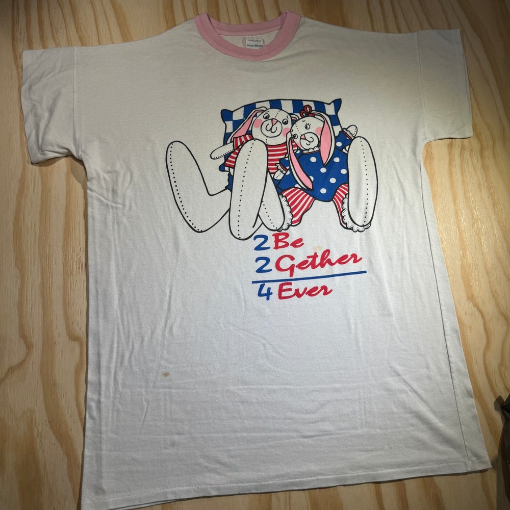 80s Wendy Wilson Vintage Sleep Shirt White Pink Ringer Bunny Graphic One Size